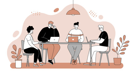 Diverse team of professionals collaborating and working together on laptops in a modern office or co-working environment, fostering productivity and innovation.