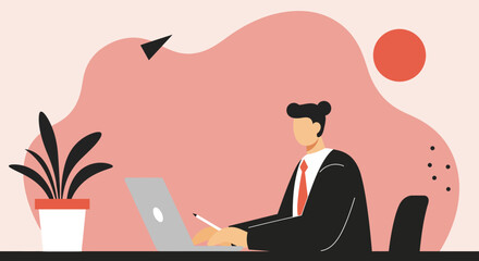 A professional man works diligently on his laptop at a modern desk with a plant, representing focus, digital business, and productivity in a contemporary workspace.