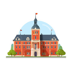 Ornate building vector illustration with tower and red flags against light blue sky Architecture design with trees and grass