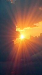Fototapeta premium Golden sun rays burst through gaps in a dense cloud cover, illuminating the sky with a radiant, warm glow A stunning display of natural light and atmospheric beauty , texture, impressive, overhead