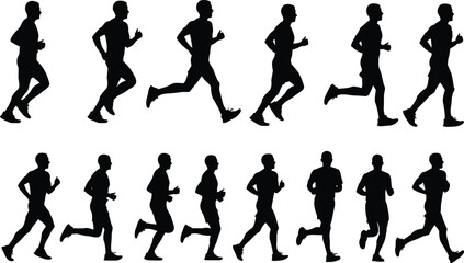 Running man silhouette vector set, jogging pose illustration, fitness runner graphic clipart, athletic exercise movement, male workout design art