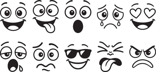 Fototapeta premium Cartoon Emoji Faces Vector Icons Funny, Sad, Angry, Love, Cool and Expression Set