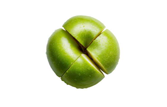 Close-up of a quartered green apple.  Freshly cut,  showing juicy segments
