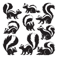 Skunk Silhouette Vector Set, Cartoon Woodland Animal Clipart Collection with Cute and Funny Poses for Design and Decoration