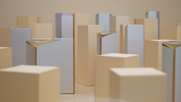 Abstract geometric composition with beige and grey rectangular prisms and cubes, some with gold accents, arranged in a citylike formation against a neutral background