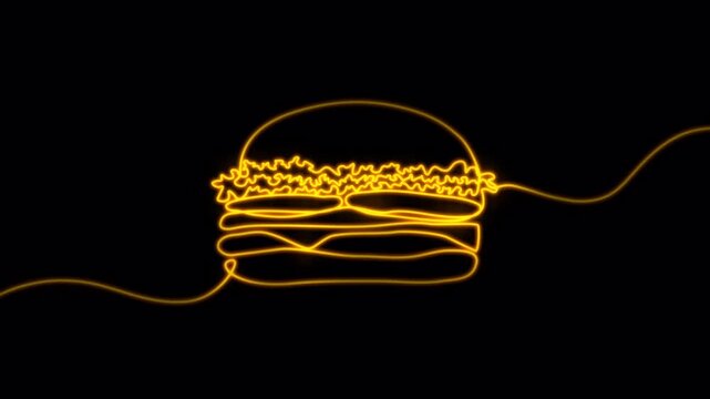 Video. Neon hamburger made from one continuous line. Animation on a black background 4K.