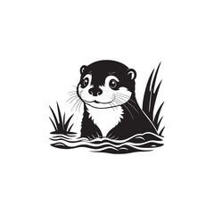 otter silhouette, otter line art black white vector illustration