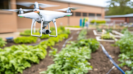 Drone Hovering Over a Community Garden