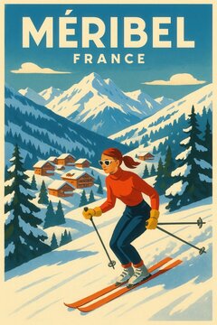 Stylized vintage ski poster showing a woman skiing downhill in M&eacute;ribel France with wooden chalets and snowy alpine mountains in the background
