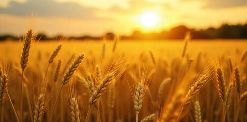 Fototapeta premium Golden hour sunlight bathes a sun-drenched field of wheat, swaying gently in the summer breeze, creating a picturesque scene of rural abundance , texture, rural