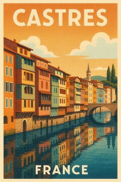 Picturesque scene of Castres in France with vibrant buildings along the canal, a stone bridge, and scenic reflections in the still water under a warm sky