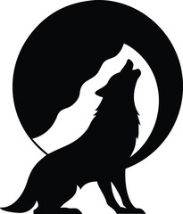 Wolf howling at the moon silhouette against a dark night sky