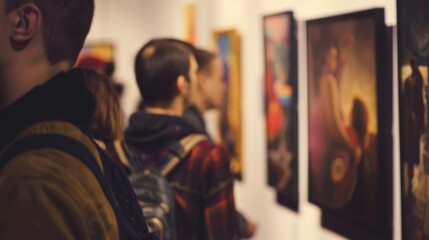 Obraz premium People viewing artworks displayed in a gallery exhibition conceptual image