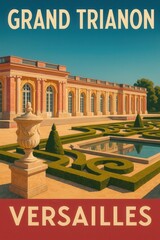 Obraz premium Vintage poster art of the Grand Trianon at Versailles France featuring ornate architecture, elegant arches, trimmed hedges, reflective pools and sculpted garden elements