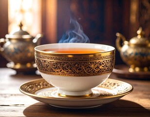 Warm tea in ornate cup