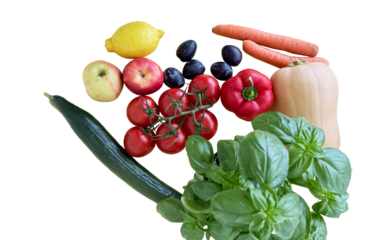 Farm-Fresh Vegetables and Fruit, Isolated on Transparent PNG — Vegetarian Flat Lay Cutout with Basil, Tomatoes on Vine, Cucumber/Zucchini, Butternut Squash, Red Bell Pepper, Carrots, Lemon, Apples, Pl