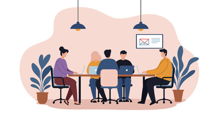 Diverse business team collaborating in a modern office meeting, using laptops for productivity and communication. Represents teamwork and innovation.