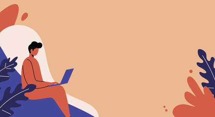 Stylized illustration of a person focused on a laptop in a modern, abstract environment. Ideal for themes of remote work, online learning, and digital productivity.