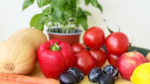 Farm-Fresh Vegetables and Fruit Close-Up on Yellow Table — Vegetarian Still Life with Basil Plant, Red Bell Pepper, Tomatoes on the Vine, Butternut Squash, Carrots, Plums, Lemon and Apples — Colorful