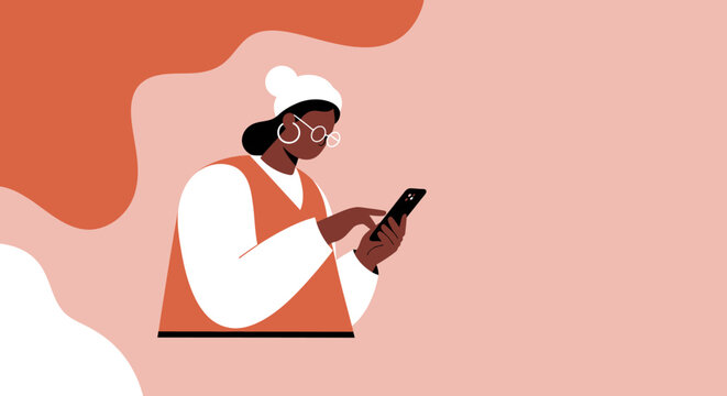 Modern woman engaging with her smartphone, browsing content or connecting digitally. Ideal for technology, communication, and lifestyle themes.