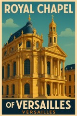 Fototapeta premium Ornate architectural illustration of the Royal Chapel at the Palace of Versailles France with domed roof, classical statues, elegant windows, and symmetrical facade design