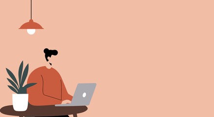 Minimalist illustration of a person working on a laptop in a cozy home office. Represents remote work, productivity, and modern lifestyle.