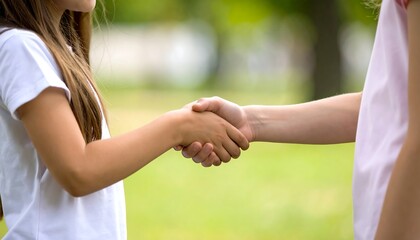 Obraz premium Two girls shaking hands outdoors