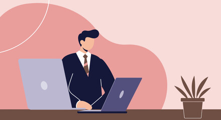 A businessman efficiently multitasks with two laptops, symbolizing productivity, modern work, and digital communication in a professional office setting.