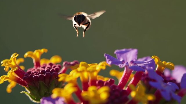 Honey bee approaching vibrant lantana flower, gracefully landing on red blossom within seamless loop animation capturing delicate pollination process