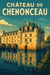 Illustrated travel poster of Château de Chenonceau in France with arched bridge base and symmetrical towers reflected clearly in the still waters below