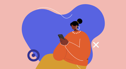 Modern illustration of a woman using a smartphone, showcasing digital connectivity, online communication, and contemporary lifestyle for various applications.