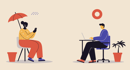 Modern illustration of individuals engaged in work and leisure, using technology. Represents diverse lifestyle, productivity, and relaxation concepts.