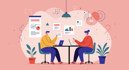 Professionals collaborate at a modern workspace, using laptops and smartphones for data analysis and strategy. Business, teamwork, and digital communication concept.