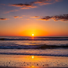 Stunning golden sunset reflecting on ocean waves creating a peaceful and tranquil beach scene