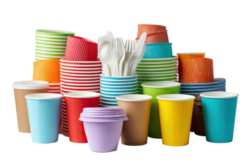 Colorful stack of disposable paper cups, lids, and utensils