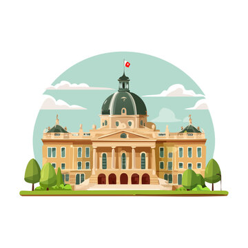 Illustrated Government Building with Dome and Flag, Cartoon Style