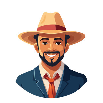 Smiling cartoon man in a hat, suit, and tie with a beard against a black background, cartoon style vector portrait.