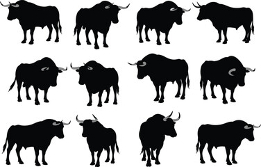 Silhouettes of bulls standing in different poses, strong wild animals, black vector icons, powerful, wildlife, farm animals, horned beasts, nature symbols, black and white