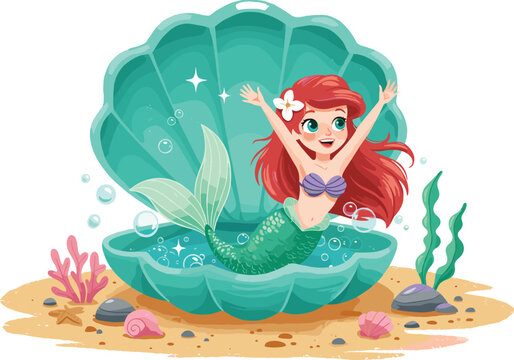 Art & IllustrationBeautiful, cartoon, mermaid, sitting, in, pink, seashell, underwater, scene, fantasy, ocean, theme, Ariel-inspired, illustration, sea, princess, colorful, aquatic, magical, fairytale