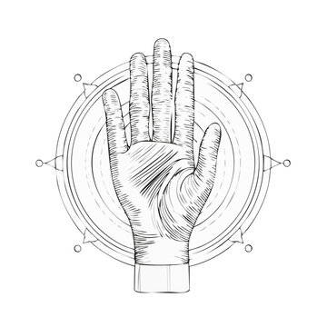 Open Hand in Circle Frame Vintage Illustration Symbolic Gesture Palmistry Spirituality Occult Art Vector