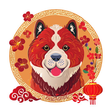 Dog illustration celebrating Lunar New Year with Asian elements and vibrant colors