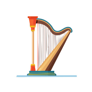 Elegant illustration of a harp musical instrument with strings and wood detail against a dark background