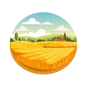 Rural Farm Landscape with Golden Wheat Field and Country House Illustration