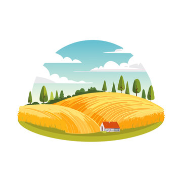 Rolling wheat field with a small house and trees under a cloudy blue sky illustration