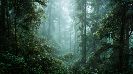 Obraz premium Misty Rainforest: Lush Green Canopy & Foggy Forest Path