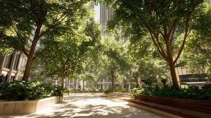 Obraz premium urban courtyard trees sunshine modern buildings green space corporate setting