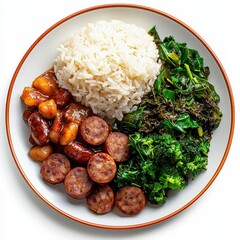 Delicious home-cooked meal with white rice, saut?ed greens, seasoned sausages, and stir-fried vegetables on a white plate with a brown rim