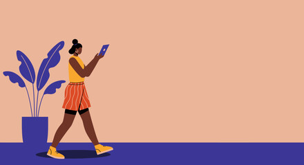 Modern young woman walks casually while using a digital tablet, reflecting connectivity, leisure, and a modern lifestyle. Ideal for technology or daily life concepts.