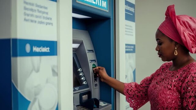 An elegant african woman in traditional pink attire and a headwrap uses an atm machine, illustrating financial technology and modern life in Africa