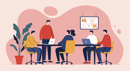 Team of diverse professionals collaborating in a modern office meeting, discussing business strategy and data analysis. Ideal for corporate productivity concepts.